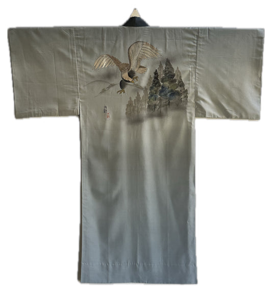 Hawk (Taka) Over Village Hand-Painted Juban