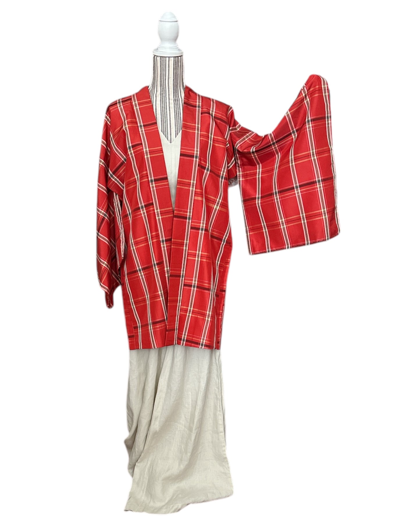 Punaruutuinen Pongee Haori