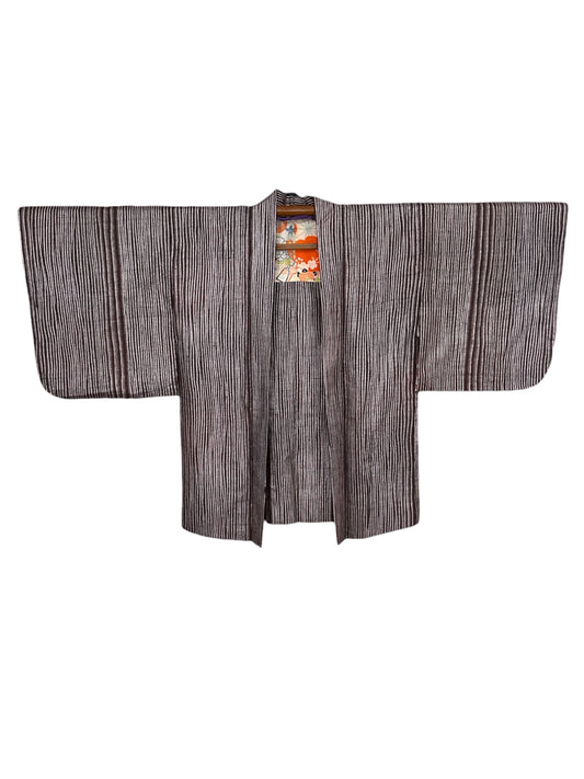 Vintage Silk Haori – Plum & Silver Woven Jacket