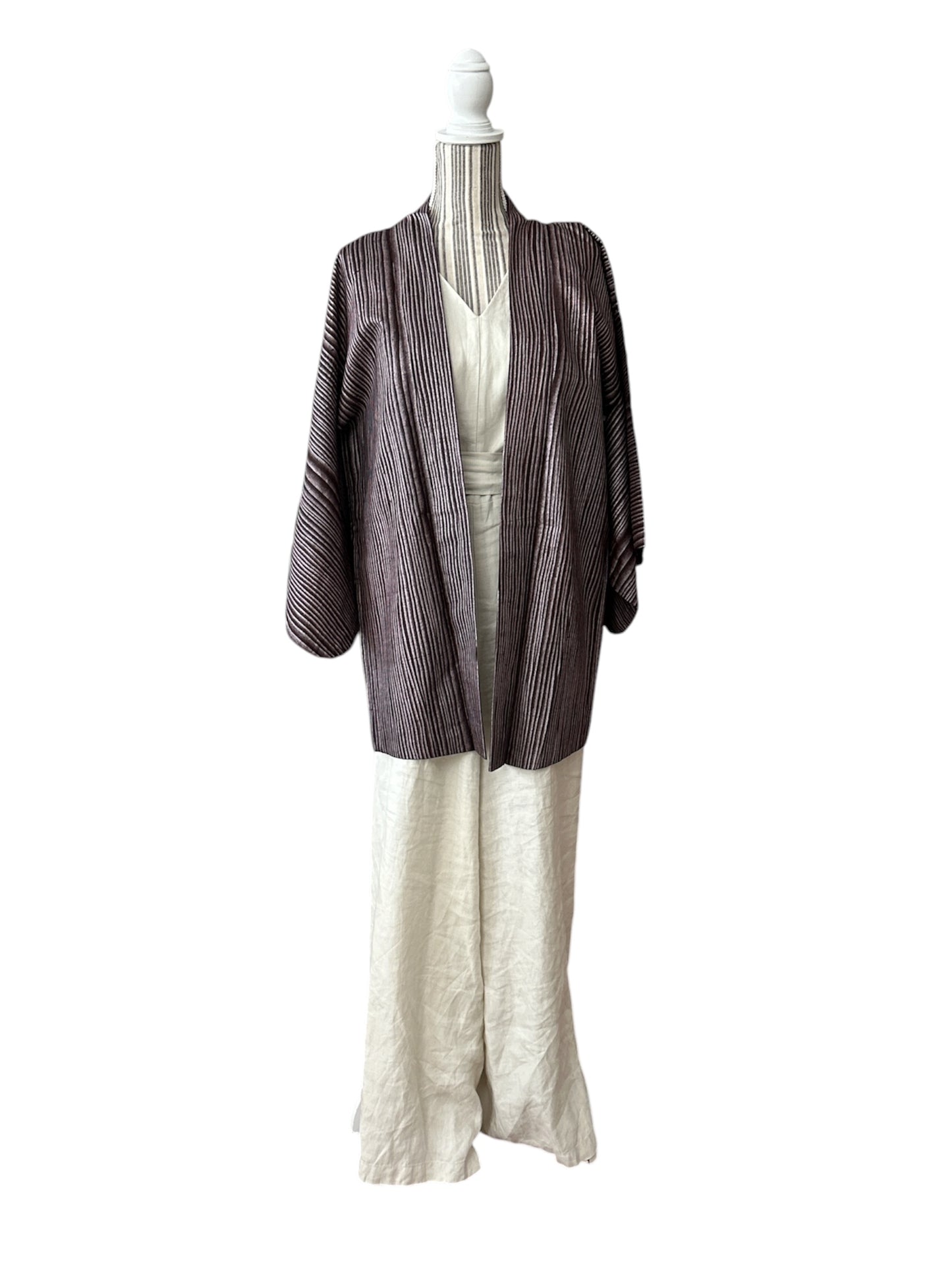 Vintage Silk Haori – Plum & Silver Woven Jacket
