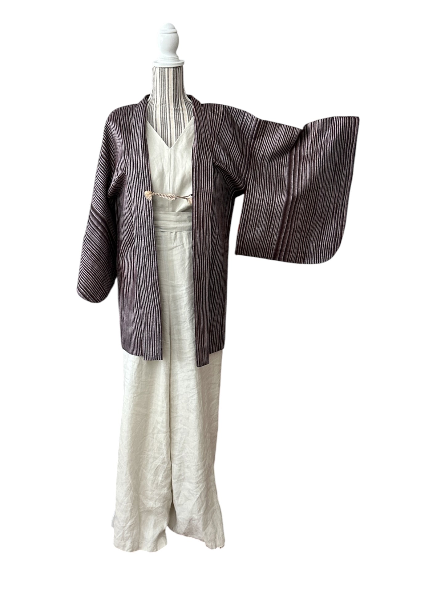 Vintage Silk Haori – Plum & Silver Woven Jacket