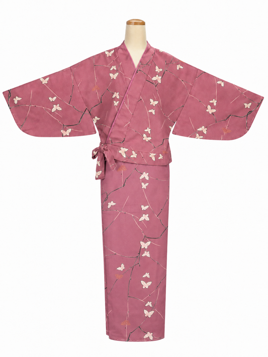 Vintage Two-Piece Kimono Set – Dusty Rose Butterfly Pattern