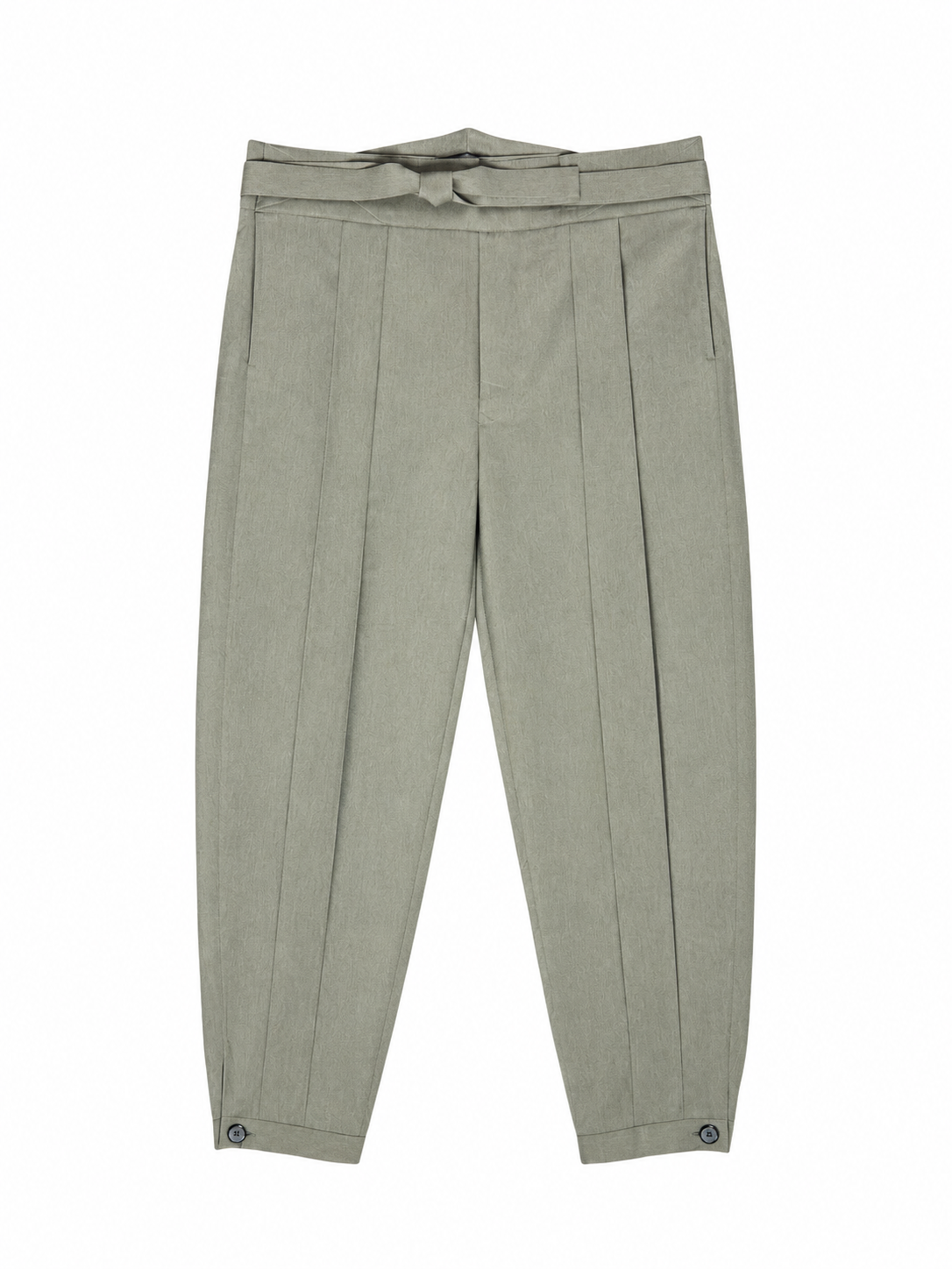 A pair of light sage light brown hakama pleated trousers with a matching fabric tie belt at the waist, displayed flat against a solid white background.