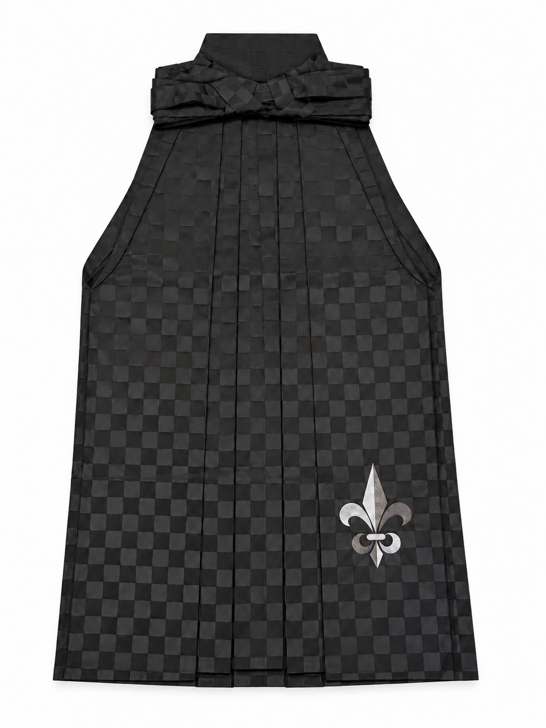 A black pleated traditional Japanese hakama, featuring a subtle checkerboard pattern and a silver fleur-de-lis emblem near the lower right side, shown against a plain white background.