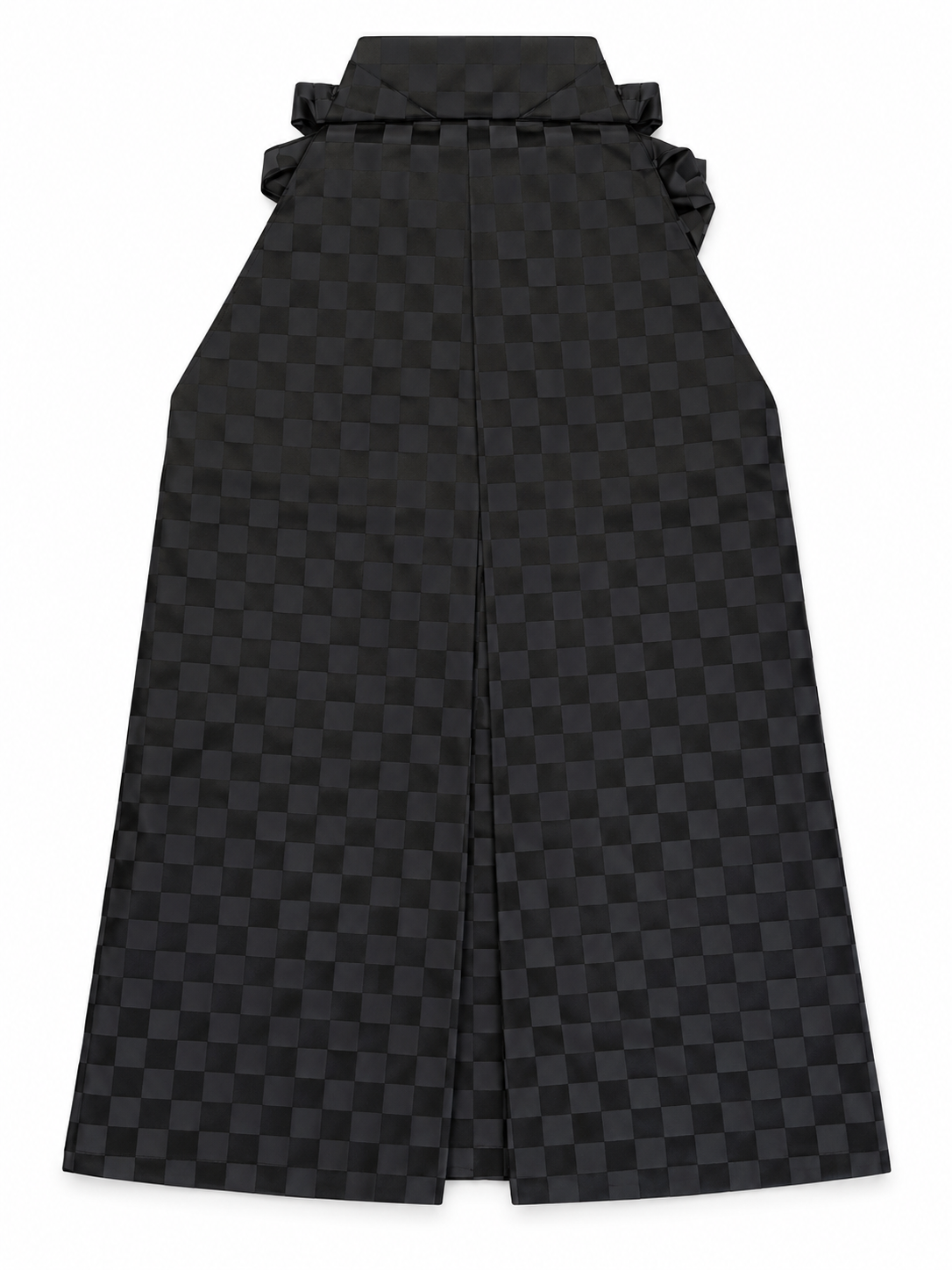 A black and dark gray checkered kimono robe (hakama) displayed flat against a solid white background.