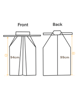 Front and back dimension diagram of a small bag or pouch, showing measurements of 94 cm and 99 cm with orange measurement markers on a white background.