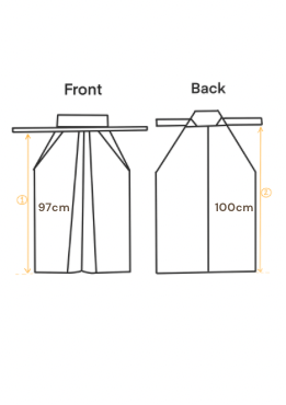 Front and back dimension diagram of hakama, showing front height as 97 cm and back height as 100 cm with simple line drawings on a white background.