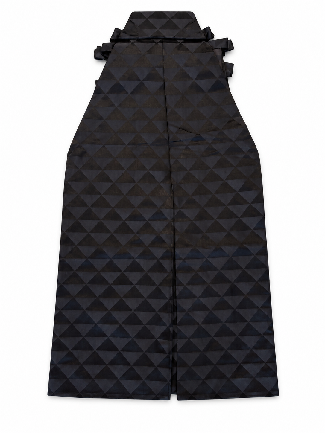 A black side of traditional Japanese hakama with a geometric triangular quilted pattern, displayed flat against a white background.