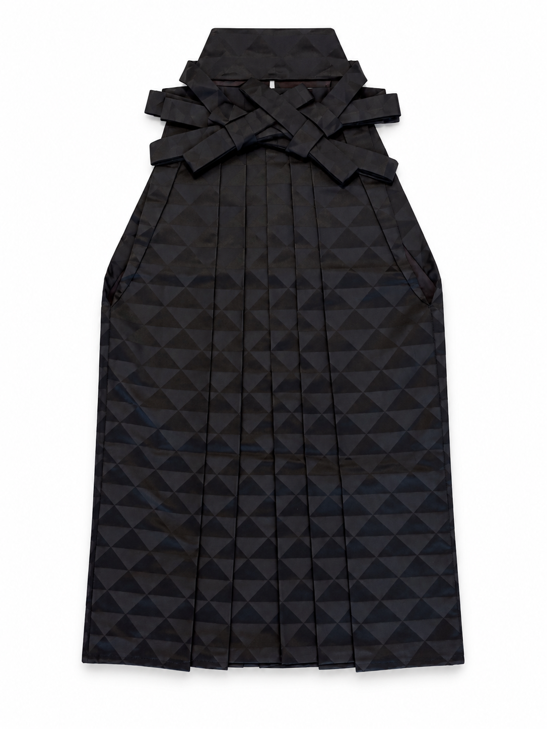 A black pleated traditional Japanese hakama skirt type, triangle pattern and a large bow detail at the collar, shown against a plain white background.