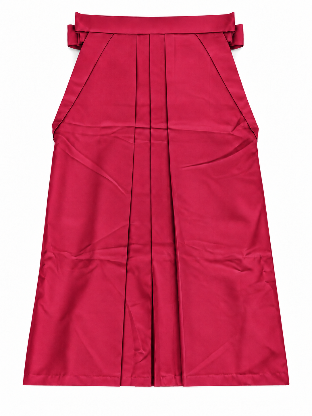 The back of a bright red-pink pleated traditional hakama skirt with a matching waistband and side ties, shown flat against a white background.