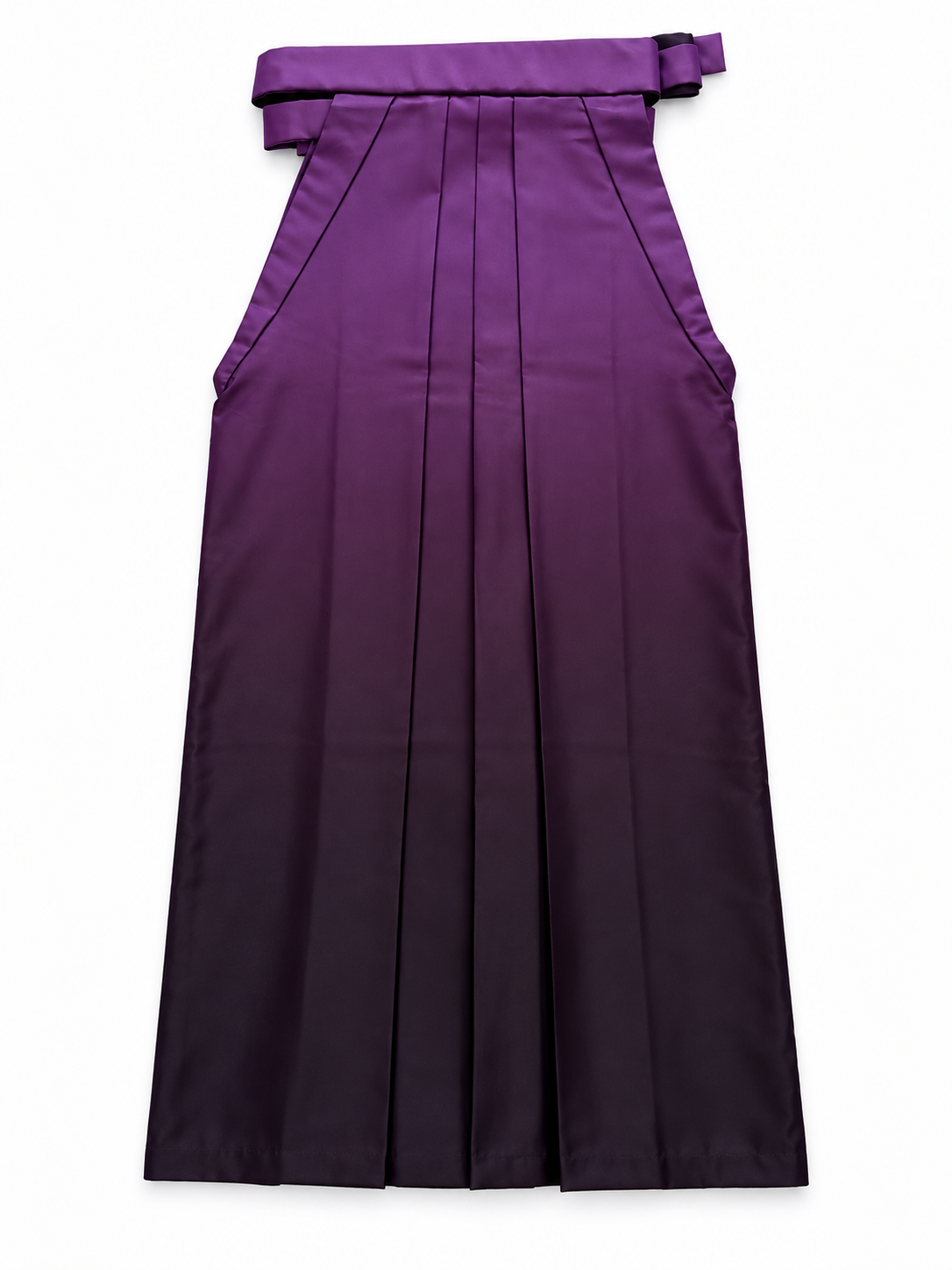 The back side of a purple pleated traditional Japanese hakama with a matching waist tie, shown flat against a white background.