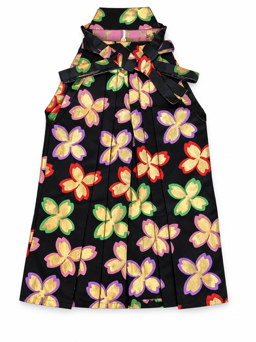 A  black pleated traditional Japanese hakama pants with and bow details, covered in a colorful gold metallic cherry blossom in purple, pink, red and green on a white background.