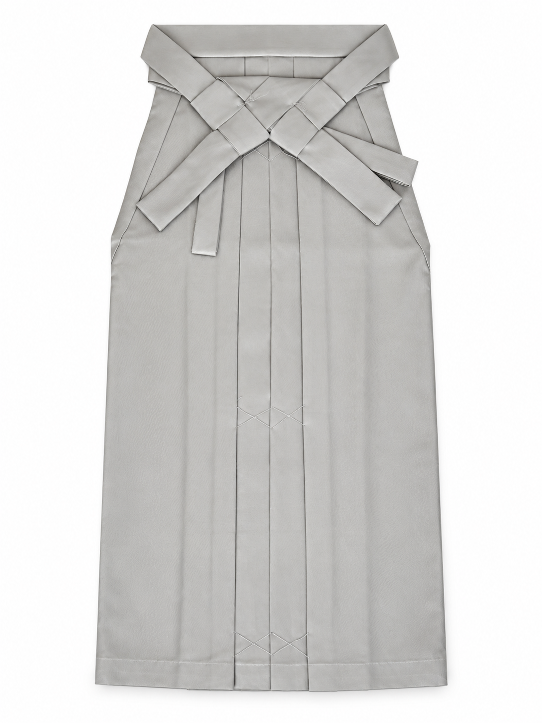 The back side of a light gray pleated traditional Japanese skirt hakama with a wide waistband and crossed tie straps, shown flat against a white background.