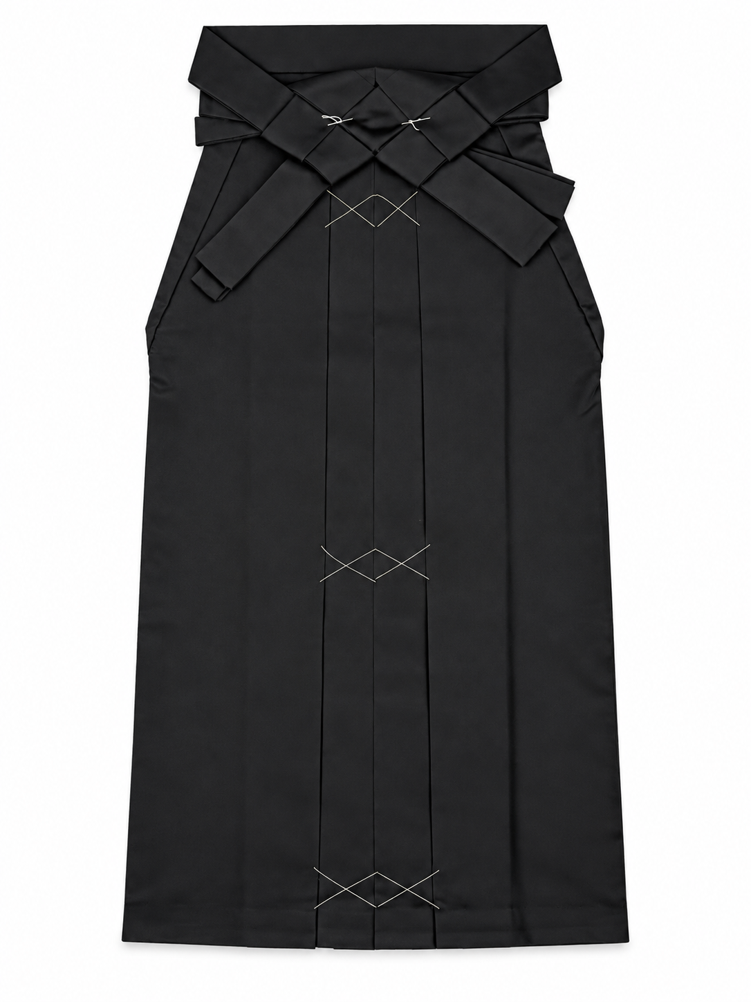 The back side of a black traditional Japanese hakama skirt with  vertical front pleats accented with geometric white stitched details, shown against a plain white background.