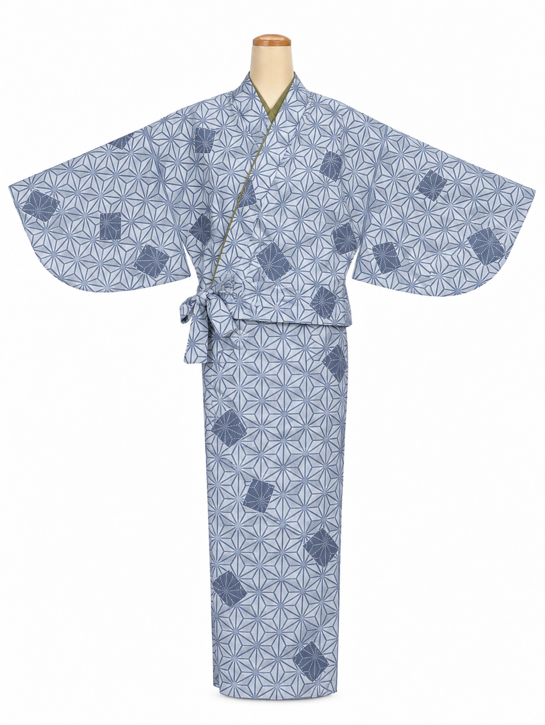 A light blue and white patterned kimono displayed on a mannequin torso against a plain white background.