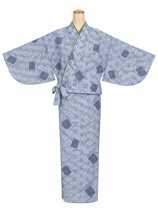 A light blue and white patterned kimono displayed on a mannequin torso against a plain white background.
