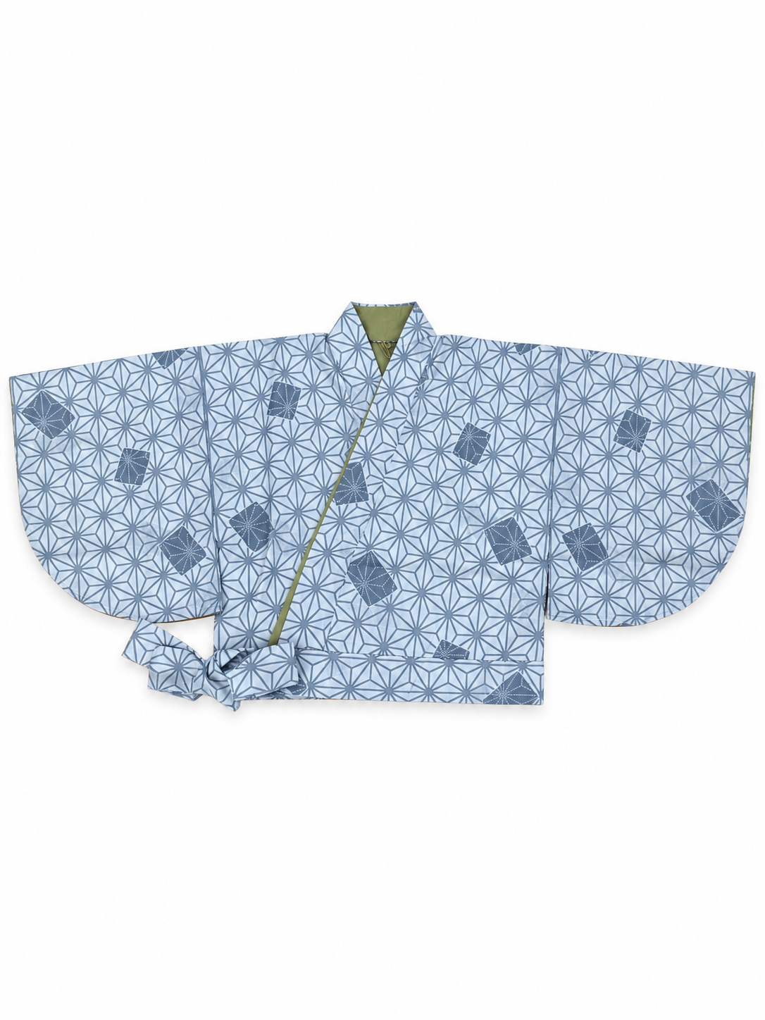 A light blue and white Japanese upper part of a kimono with a geometric ikat pattern and a small olive green collar lining, displayed flat against a white background.