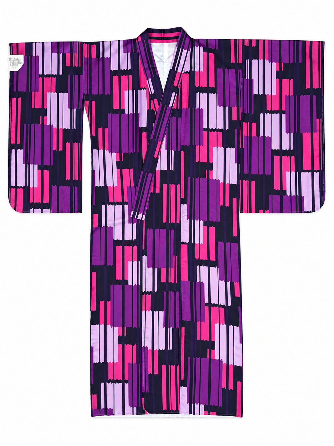 A furisode kimono-style  with a bold abstract geometric pattern in purple, pink, and black, displayed flat against a plain white background.