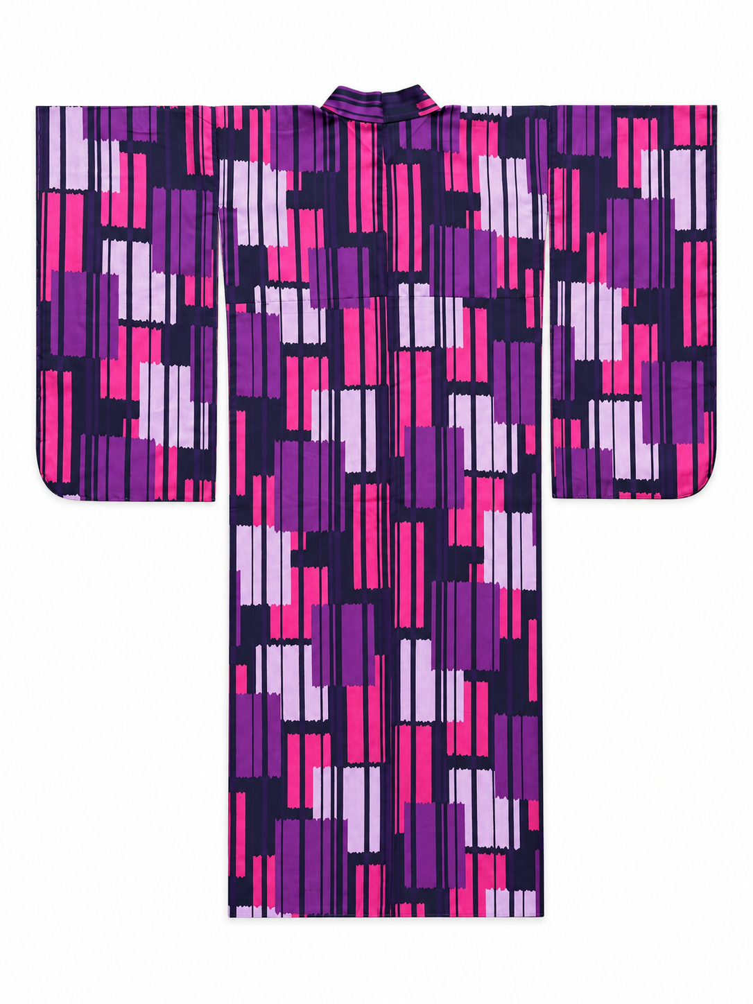 The back side of a furisode kimono-style with a bold geometric pattern of vertical rectangular blocks in purple, magenta, and light lavender on a black background, shown flat against a white background.