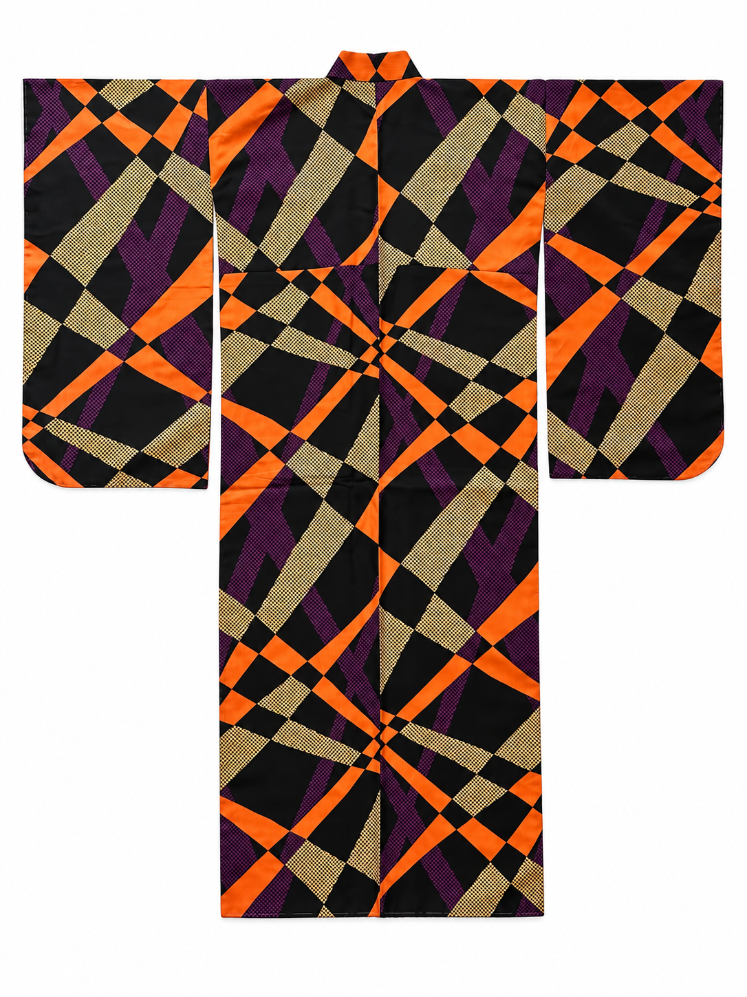 A traditional Japanese furisode kimono, the back side, with a bold geometric pattern in orange, black, purple, and beige, displayed flat against a solid white background.