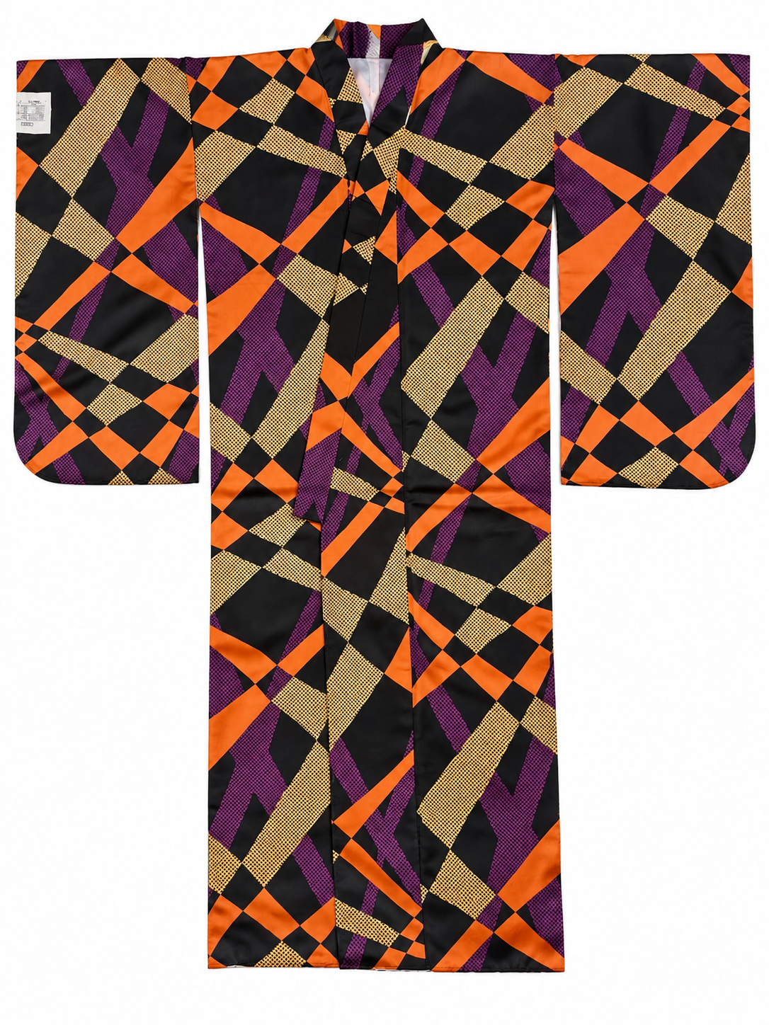 A traditional Japanese furisode kimono with a bold geometric pattern in black, orange, purple, and beige, displayed flat against a white background.
