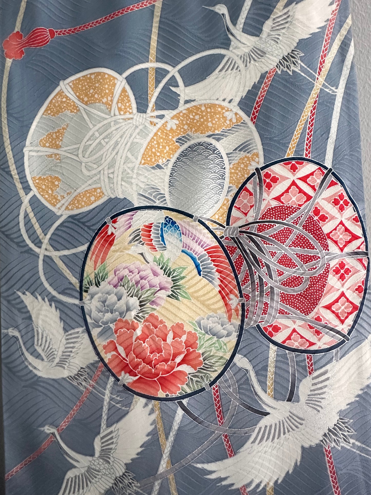 Furisode Kimono with Hand Drums & Cranes