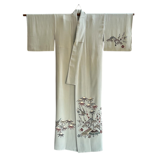 Soft Grey Kimono with Birds&Flowers