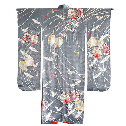 Furisode Kimono with Hand Drums & Cranes