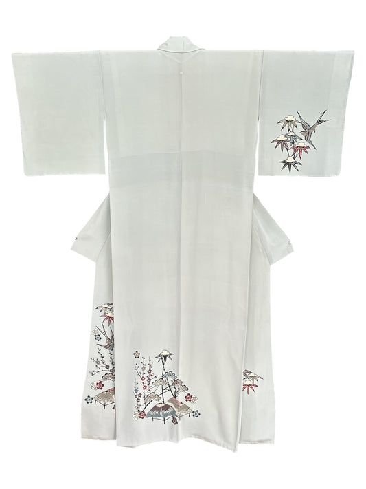 Soft Grey Kimono with Birds&Flowers